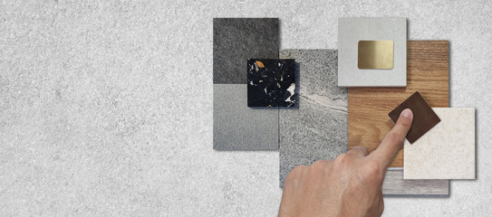 interior architect picks material samples including stone granite tiles, terrazzo, wooden vinyl...