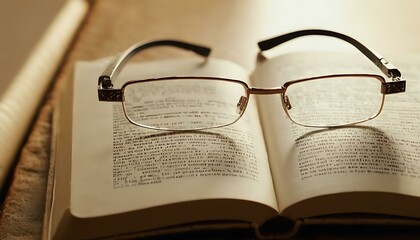 A pair of reading glasses, with thin metal frames, perched on an open hardcover book with bright...