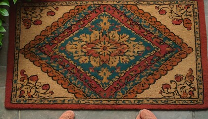 A vibrant, patterned doormat, placed at the entrance of a welcoming home