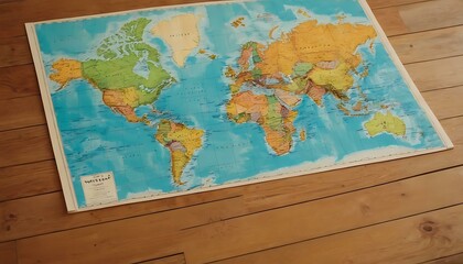 A neatly folded, colorful map of the world, placed on a bright wooden table
