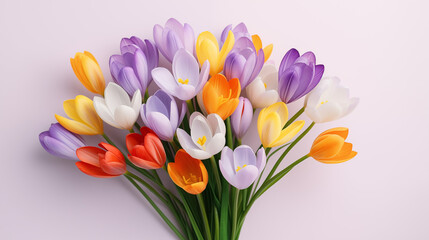 Kwiatowe fioletowe minimalistyczne tło z krokusami na życzenia z okazji Dnia Kobiet, Dnia Matki, Dnia Babci, Urodzin czy pierwszego dnia wiosny. Szablon na baner lub mockup.