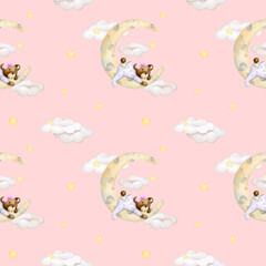 Baby seamless pattern on a pink background. Baby bear sleeping on a cloud. Girl. Watercolor background. Childrens party, baby shower, birthday. Design of wallpaper, wrapping paper, fabric, cards..