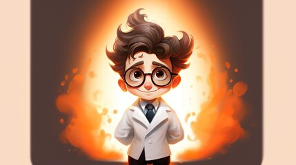 Cartoon illustration of boy scientist doctor wearing suit and glasses, shirt and tie.