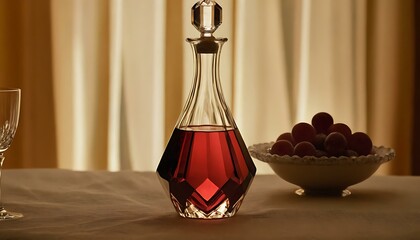 A crystal wine decanter, refracting prisms of light, on a linen tablecloth