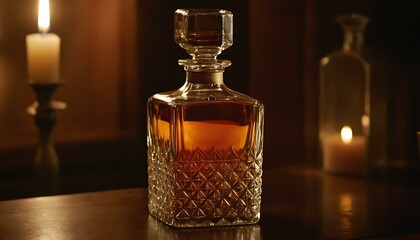 A crystal decanter, filled with amber whiskey, catching the light of a flickering candle