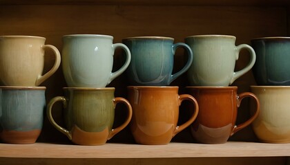 Fototapeta na wymiar A set of handcrafted pottery mugs, each one glazed with earthy tones, on a wooden shelf