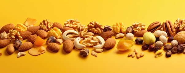 Mix of different types of nuts and dried fruit, healthy food panorama. Generative Ai.