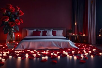 minimalistic bed room with red roses
