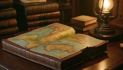 Obraz na płótnie Canvas A leather-bound atlas, filled with maps of uncharted territories, resting on a navigator's desk