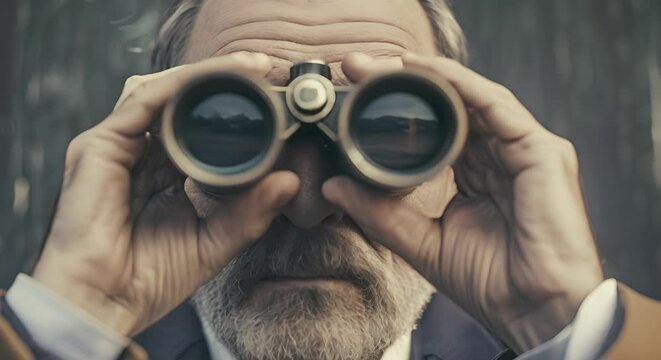 Elderly man with binoculars. The concept of exploration and curiosity.