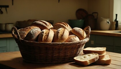 A woven basket, overflowing with freshly baked bread loaves, on a farmhouse kitchen table