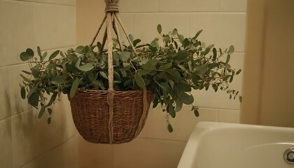 A bundle of fragrant eucalyptus, tied with twine, hanging in a steamy bathroom