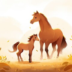 illustration for a children's book, mare and foal, sunny day, minimalism - obrazy, fototapety, plakaty