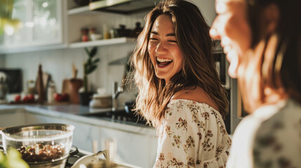 The kitchen becomes a haven of happiness as women, surrounded by the warmth of friendship, laugh and smile together, sharing stories and love
