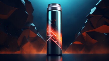 Sports energy drink bottle with a vibrant lightning bolt design. Dark background.	
