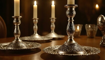 Fototapeta na wymiar A set of silver candlesticks, engraved with intricate designs, adorning a dining table