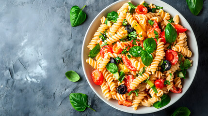 Vista superior de un plato de ensalada de pasta con tomate, lechuga, albahaca como ejemplo de comida sana - obrazy, fototapety, plakaty