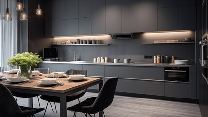 Ideas and reference for modern kitchen interior design. Bright space. Presentation and advertising of a stylish kitchen. Beautiful location. Gray colors, kitchen and household appliances, plants.