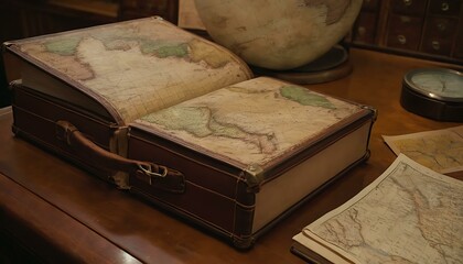 A leather-bound atlas, filled with maps of uncharted territories, resting on a navigator's desk
