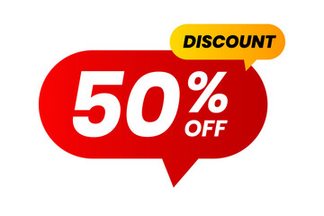 Discounts 50 percent off. Red and yellow template on white background. Vector illustration