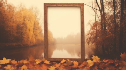  Photo frame template with autumn outdoor season theme, copy space wodden border photo natural scene lake background.