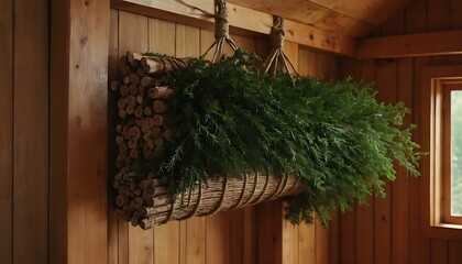 A bundle of aromatic cedar branches, tied with twine, hanging in a cozy cabin
