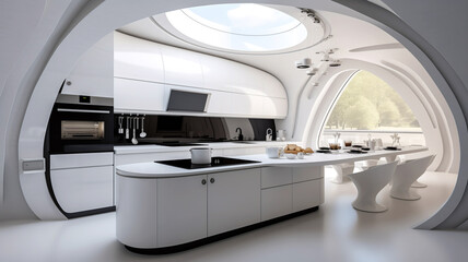 Ideas and reference for modern kitchen interior design. Bright space. Project, presentation and advertising of a stylish kitchen. Beautiful location. Space, futuristic style of the future.