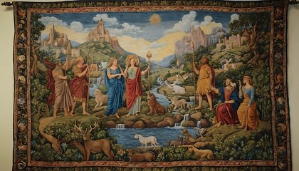 A handwoven tapestry, depicting scenes of myth and legend, hanging on a stone wall