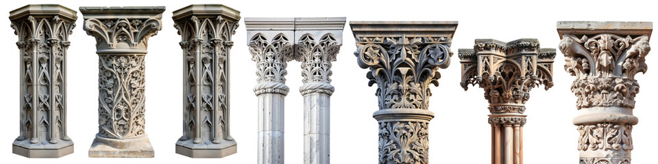 Antique Gothic Column set. beautifully ornate gothic pillar. fantasy element. isolated on white background or transparent background. png cutout - obrazy, fototapety, plakaty