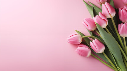 Kwiatowe różowe minimalistyczne tło na życzenia z okazji Dnia Kobiet, Dnia Matki, Dnia Babci, Urodzin czy pierwszego dnia wiosny. Szablon na baner lub mockup z ściętymi tulipanami - obrazy, fototapety, plakaty