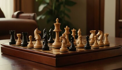 A hand-carved wooden chess set, meticulously crafted, displayed on a polished mahogany table