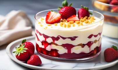 Berry dessert, cheesecake, trifle, mouse in a glass.. Dessert in glasses with fresh strawberries, whipped cream and biscuit. romentic Healthy food, vegan food. sugar, gluten and lactose free homemad.