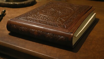 A stack of vintage leather-bound notebooks, their covers embossed with intricate designs, on a writer's desk
