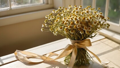 A bundle of dried chamomile flowers, tied with a silk ribbon, in a sunlit conservatory