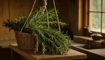 A bundle of fragrant rosemary, tied with twine, hanging in a rustic kitchen