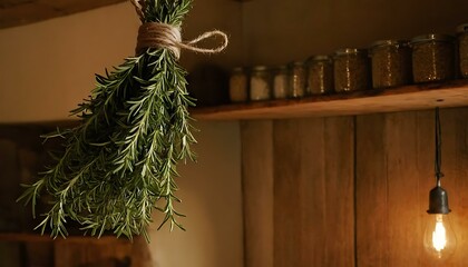 A bundle of fragrant rosemary, tied with twine, hanging in a rustic kitchen