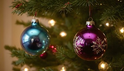 A set of hand-blown glass ornaments, shimmering with iridescent hues, hanging on a holiday tree