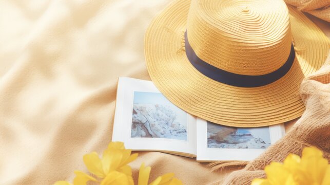Flat lay view of summer vacation theme, album book decoration and women's round hat straw on clean beach sand.