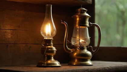 Fototapeta na wymiar A brass oil lamp, casting a warm glow in a dimly lit room, on a weathered wooden shelf