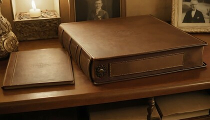 A leather-bound photo album, filled with sepia-toned memories, on a family heirloom shelf