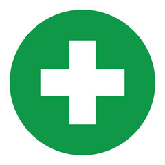 Obraz premium First aid sign, health cross medical symbol, medicine emergency illustration icon, safety design. Green circle and white cross symbol, vector illustration isolated on white.