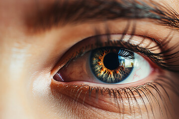 Close up eye of beautiful young woman. Tired eyes and contact lenses. Close up. the vision of the future and healthy life concept. view precise and straight to the target.