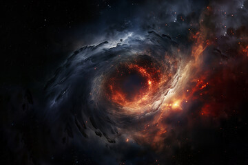 Radiation from a black hole at the center of a galaxy. Space scene with stars, black hole in galaxy.