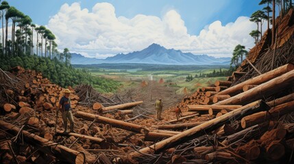 Fototapeta na wymiar Illegal logging, felling of trees damages the forest environment, scattered pieces of wood and deforestation.