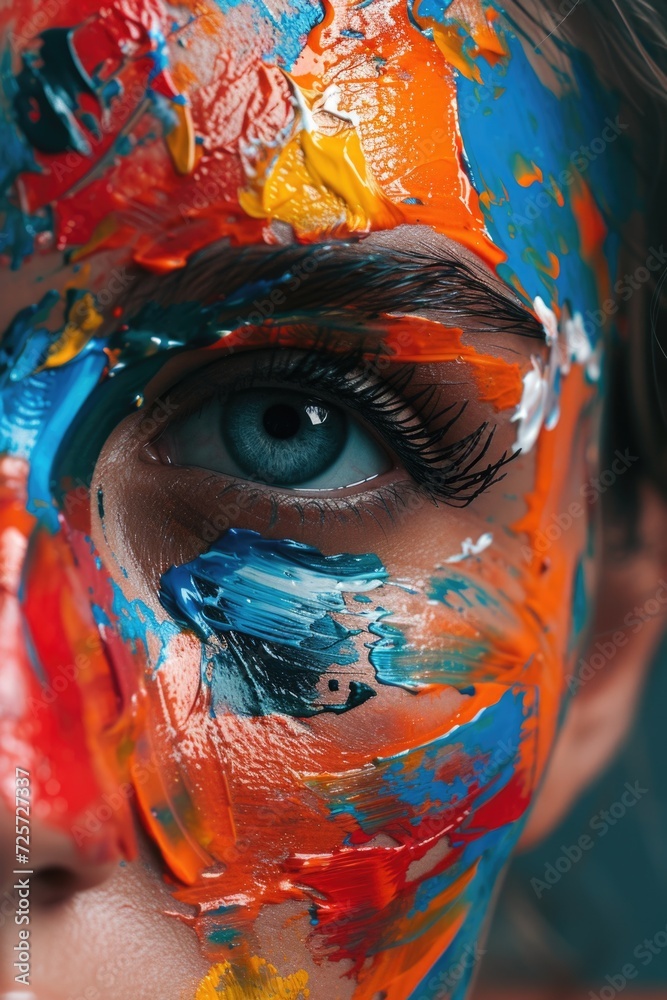 Poster a close-up shot of a person with colorful paint on their face. ideal for artistic projects and creat