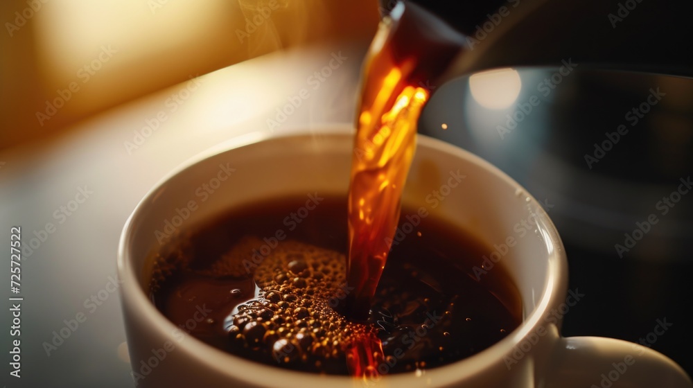 Poster a close-up view of coffee being poured into a cup. perfect for illustrating the process of making co