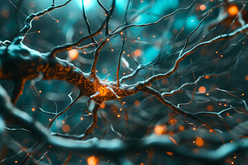 A close-up of a synapse firing, illustrating the transmission of signals between brain cells. Concept of neural communication. Abstract curly tendrils background - obrazy, fototapety, plakaty