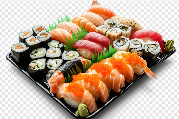 Japanese food restaurant, sushi maki roll plate or platter set. Maki Sushi rolls at rustic wood background. Top view, flat lay. Big party sushi set, copyspace