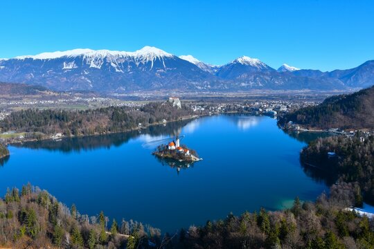 Panoramic view of Bled lake and Karavanke mountains in Gorenjska, Slovenia from Osojnica viewpoint