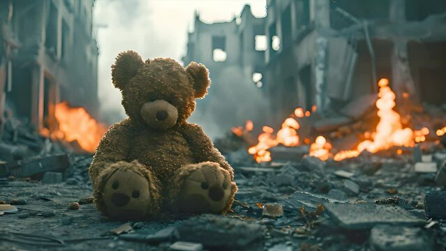 Old teddy bear laydown in The Middle of War Zone Deserted Demolished City Buildings Burning in the Background